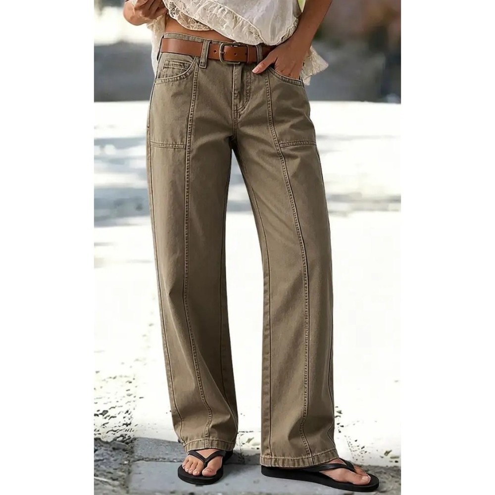 Flamingals Solid Stitch Detail Mid Waist Straight Leg Pants Olive Khaki L NEW